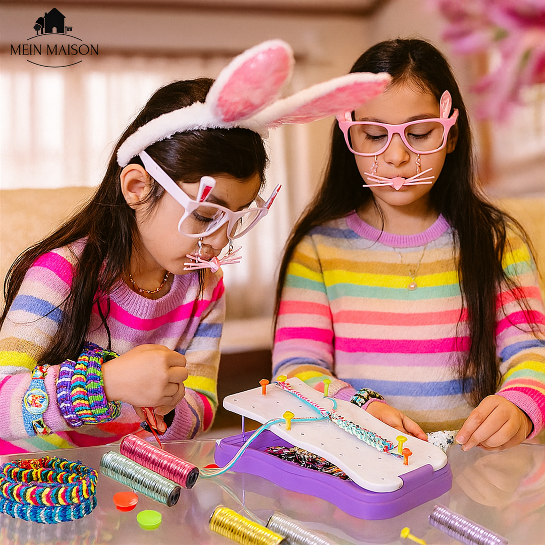 Zwei Kinder basteln gemeinsam Freundschaftsarmbänder mit dem Flechtset. Tolles Kreativspielzeug für Mädchen & Jungen.