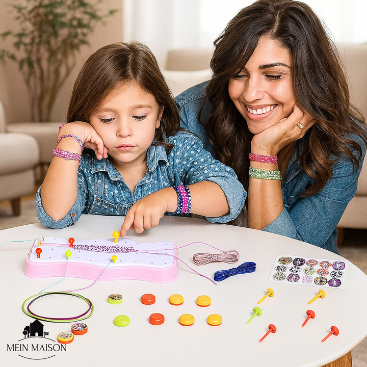 Vielfältiges Kinder Bastelset zum Flechten von Armbändern, Schlüsselanhängern & mehr. Kreatives Spielzeug für Mädchen.