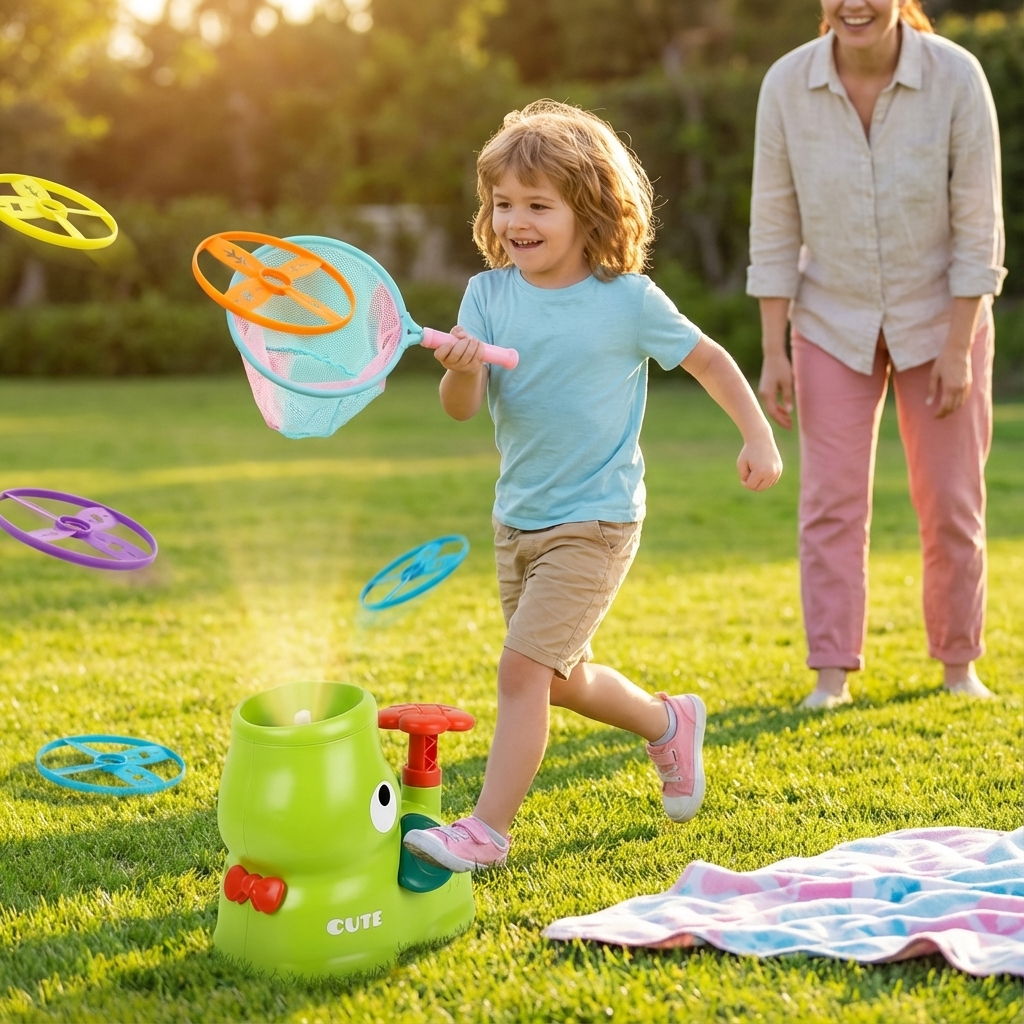 Farbenfrohes Kinder-Frisbee zum Werfen und Fangen, ideal für Bewegung und Koordination im Garten oder Park.