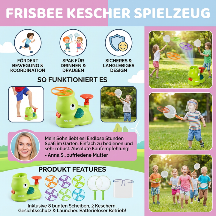 Aktives Kinder-Spielset mit Frisbee und Kescher für Bewegung und Geschicklichkeit im Freien oder drinnen.