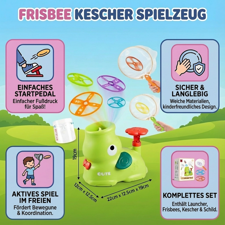 Pädagogisches Spielset für Kinder: Frisbee und Kescher verbessern Motorik und Hand-Augen-Koordination spielerisch.