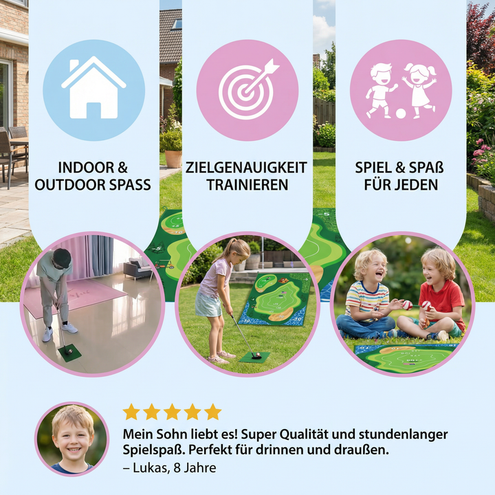 Geschenkidee: Kindergolf-Trainingsset für Anfänger. Fördert spielerisch Motorik & Koordination, drinnen und draußen.