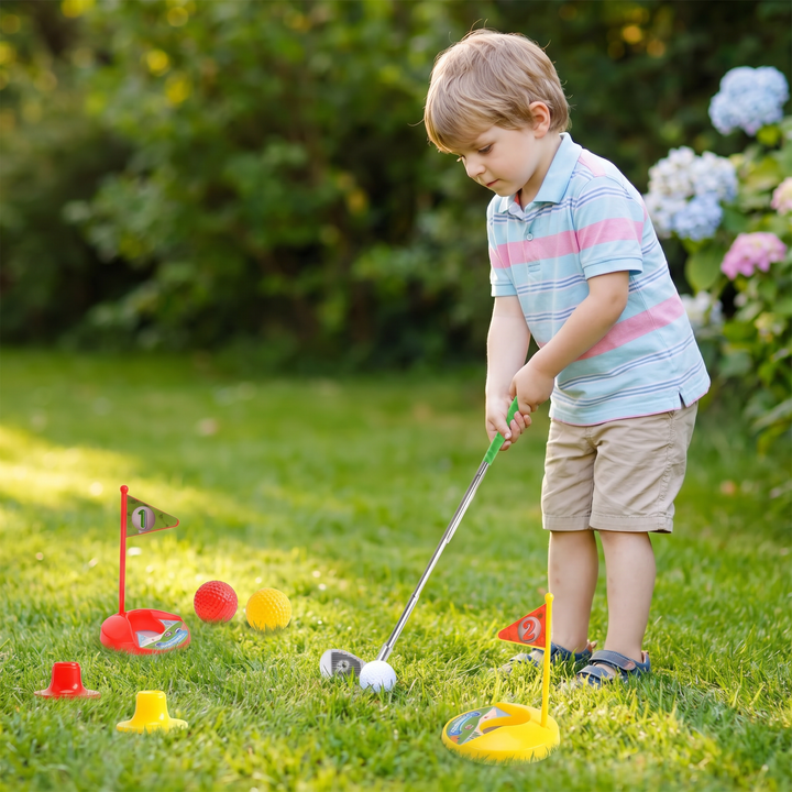 Kinder Golfspiel-Set mit Schlägern, Bällen und Löchern für den Garten zum spielerischen Lernen.