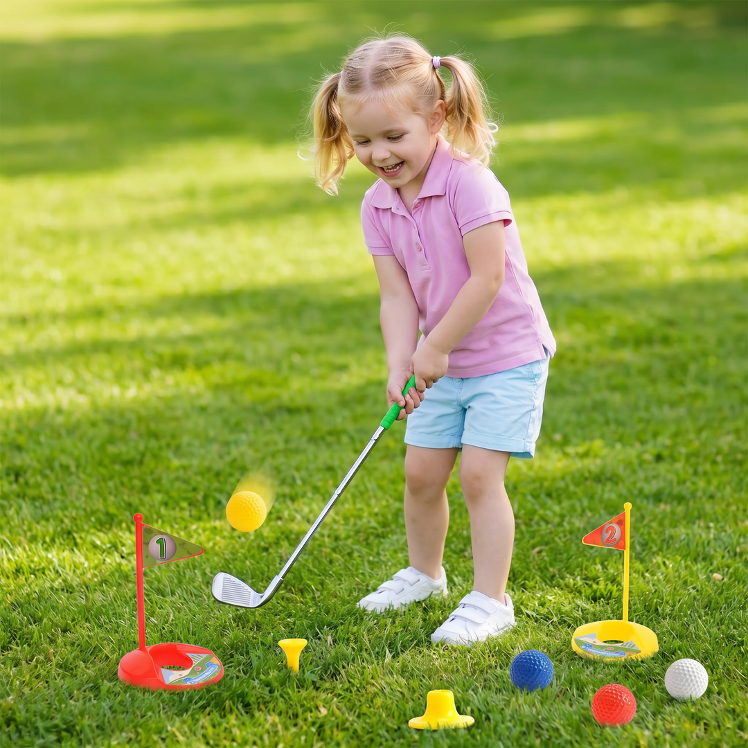 Größenanpassbares Golfspiel-Set für Kinder, ideal für Motorik & Koordination im Garten & draussen.