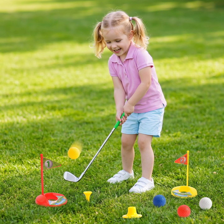 Größenanpassbares Golfspiel-Set für Kinder, ideal für Motorik & Koordination im Garten & draussen.