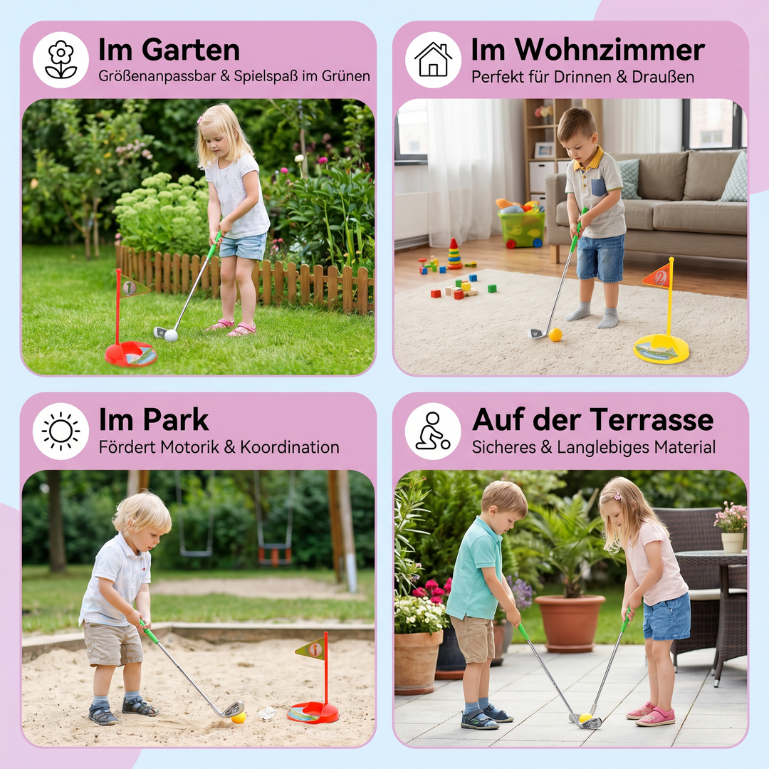 Pädagogisches Kinder Golfspiel-Set fördert Koordination und Bewegung an der frischen Luft.