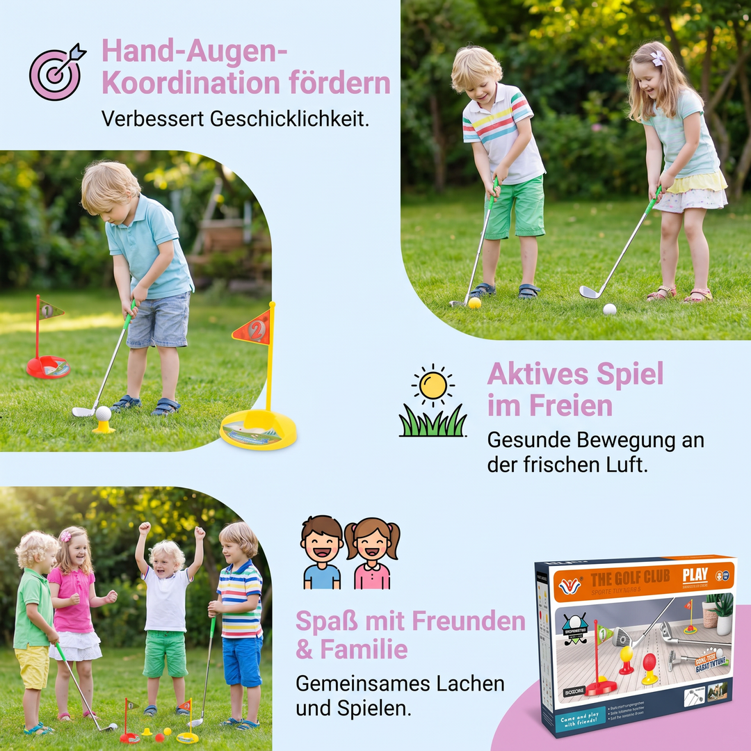 Buntes Kinder Golfspiel-Set mit Schlägern, Bällen & Flaggen für Spiel & Sport im Freien.