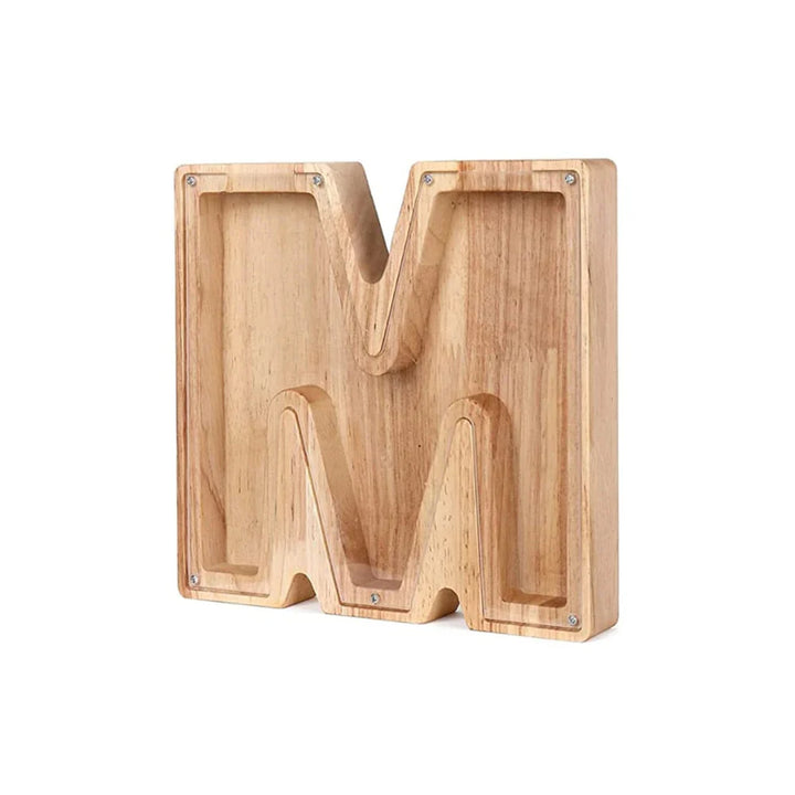 Holz-Sparbox in Buchstabenform mit Münzschlitz, fördert frühzeitiges Sparen.