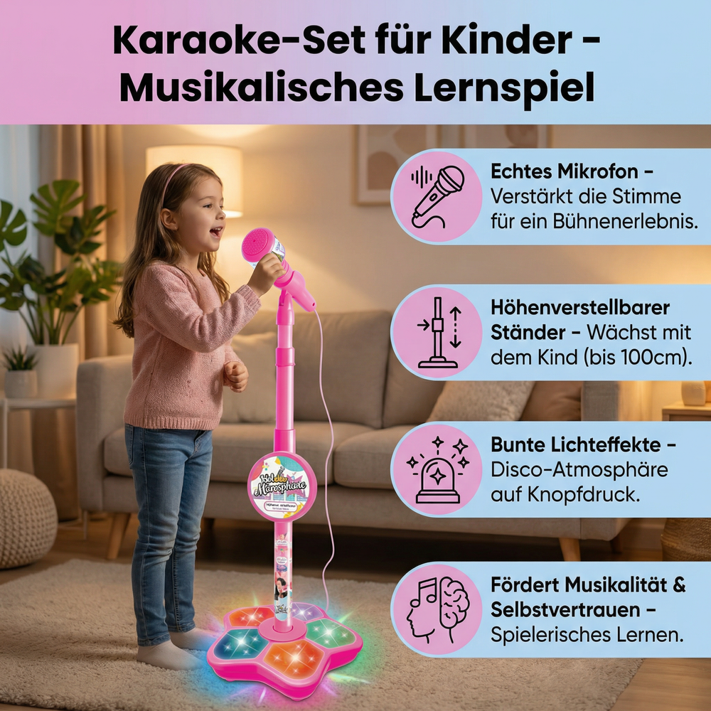 Fröhliches Kind singt mit dem Karaoke-Set, Mikrofon am Ständer, fördert musikalische Kreativität & Rollenspiel.