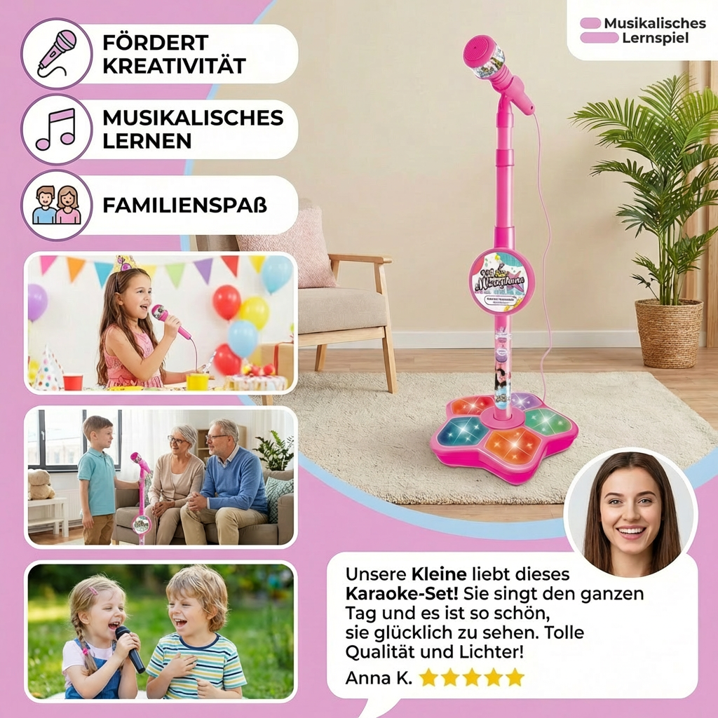 Nahaufnahme des Kinder Karaoke-Sets: Mikrofon mit Ständer, Lautsprecher, bunte Tasten. Musikalisches Lernspielzeug.