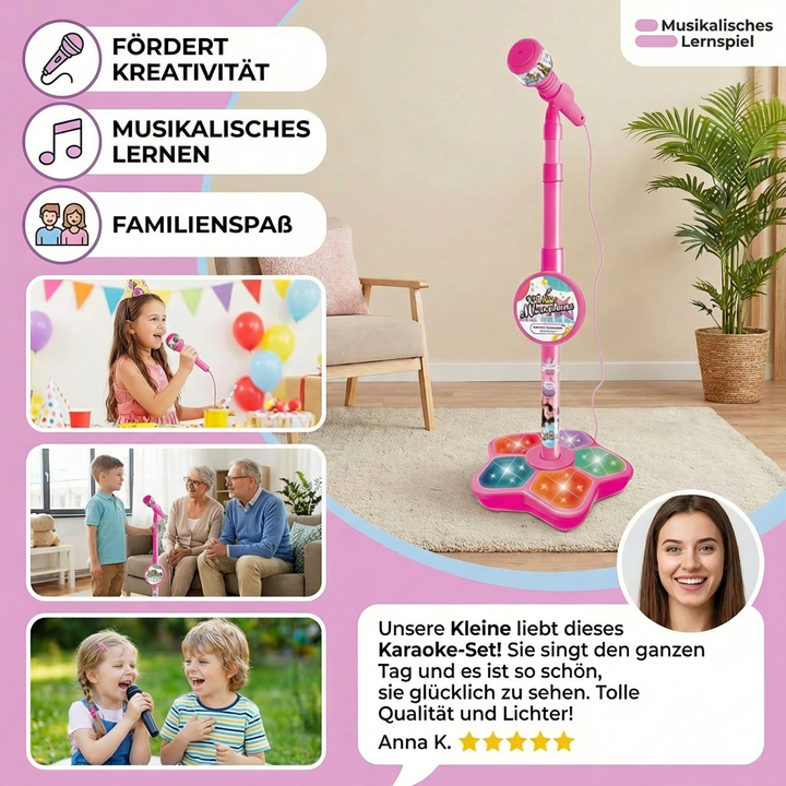 Nahaufnahme des Kinder Karaoke-Sets: Mikrofon mit Ständer, Lautsprecher, bunte Tasten. Musikalisches Lernspielzeug.