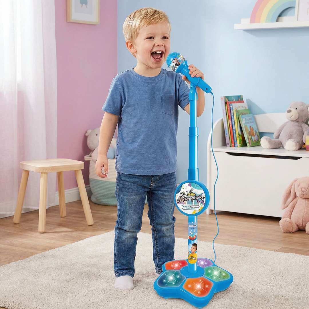 Kinder Karaoke-Set in leuchtenden Farben mit Mikrofon, verstellbarem Ständer & Soundeffekten. Interaktives Spielzeug.
