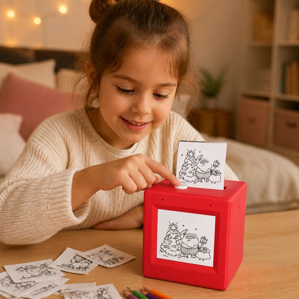 Kind nutzt die KI-Druckbox mit Sprachsteuerung, erschafft spielend neue Kunstwerke & Bilder.