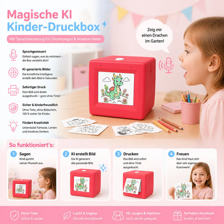 Detailansicht der Kinder KI-Druckbox: Einfache Sprachsteuerung für intuitive kreative Entfaltung.