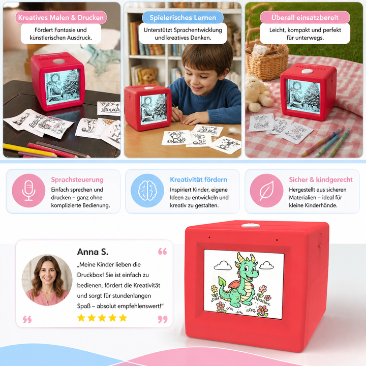 Buntes Bild, gedruckt mit der Kinder KI-Druckbox & Sprachsteuerung, fördert Fantasie & Ausdruck.