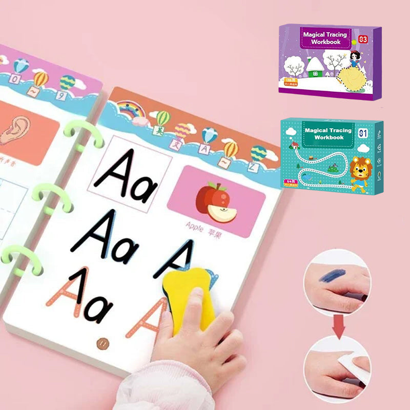 Übersichtsaufnahme des pädagogischen Kinder Lernbuchs 'Schreiben & Lesen' mit Stift und Malbild.