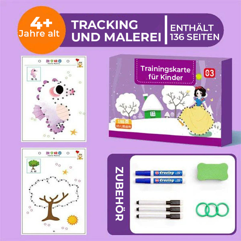 Nahaufnahme: Eine Hand führt den Stift auf einer Seite des Lernbuchs für erste Schreibversuche.