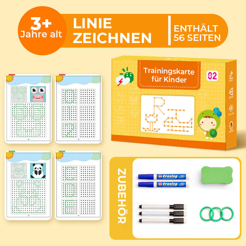 Das Kinder Lernbuch auf einem Tisch mit Buntstiften bereit für Mal- und Schreibübungen.