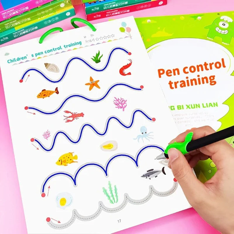Aufgeschlagenes Lernbuch: Übungen zur Entwicklung der Feinmotorik und Konzentration bei Kindern.