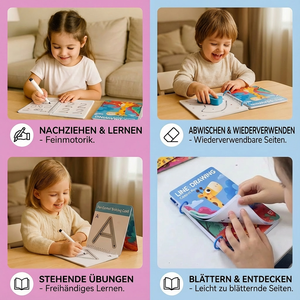 Detailaufnahme eines Lernbuchs für Kinder mit Übungen zur Stiftführung für flüssiges und schönes Schreiben.