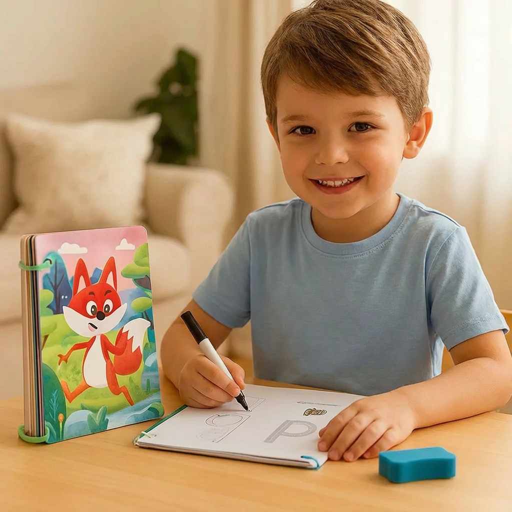 Offenes Kinder-Lernbuch mit Linien und Formen zum Nachzeichnen, verbessert Stiftkontrolle und Handschrift.