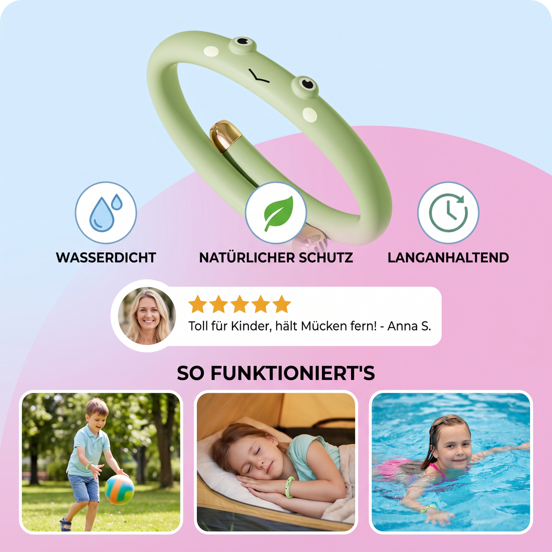 Ungiftiges Kinder Mückenschutz Armband, wasserfest für aktiven Spielplatz- & Outdoor-Spaß im Sommer.