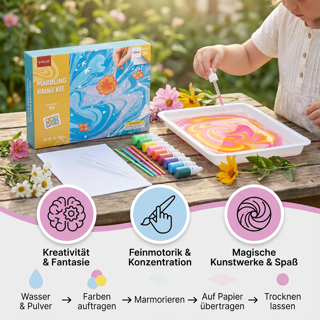 Kreatives Malset für Kinder mit Marmorierfarben, Wasserfarben & Zubehör; tolles Geschenk zum Basteln.