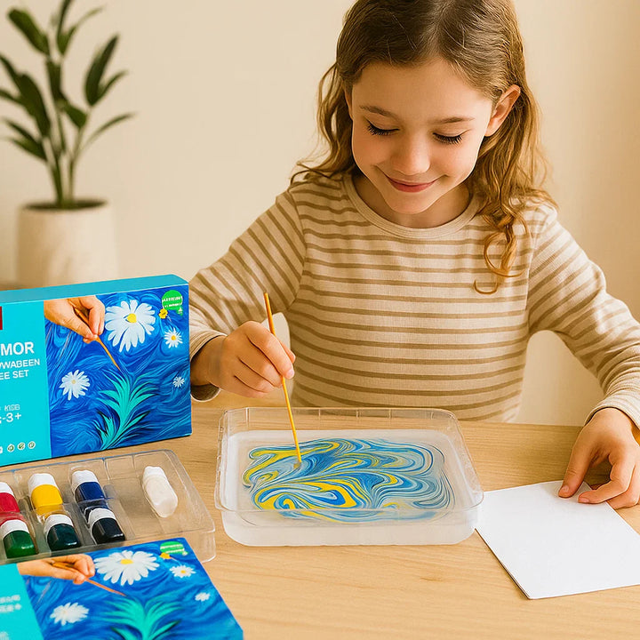 Kinder basteln mit Marmorierfarben: kreatives Wasserfarben-Malset für spannende DIY-Kunstprojekte & Spielspaß.