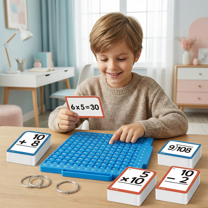 Kinder Mathe Lernkarten Set mit Rechenbrett und Zubehör zum spielerischen Rechnen lernen für die Grundschule.
