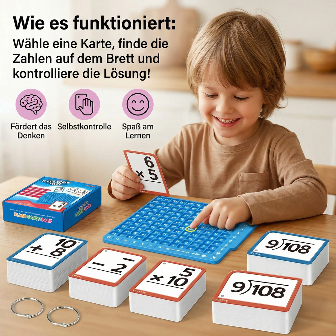 Detaillierte Ansicht des Kinder Mathe Lernkarten Sets mit Rechenbrett und Übungsaufgaben für die Schule.