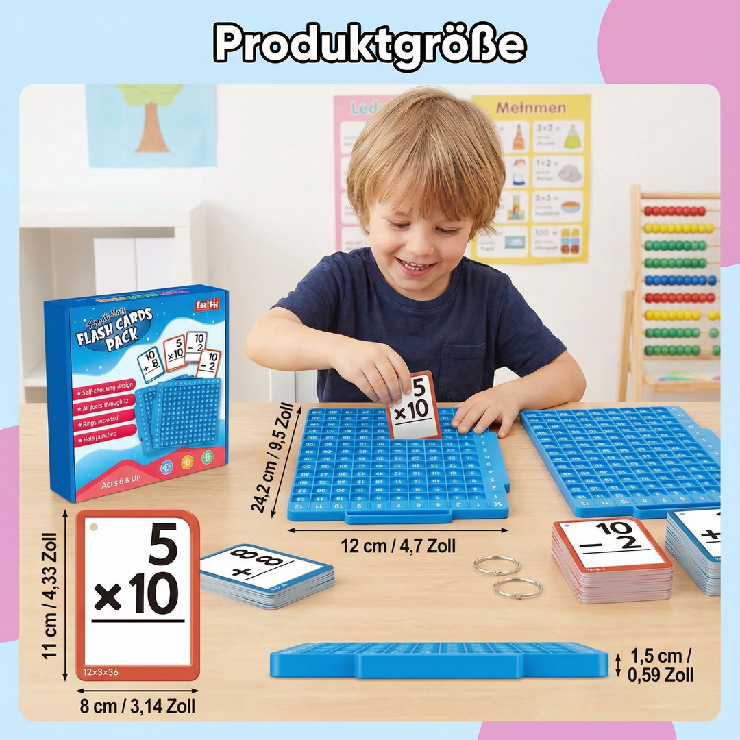 Kind lernt Mathe mit Lernkarten und Rechenbrett: Addition, Subtraktion, Multiplikation, Division meistern.