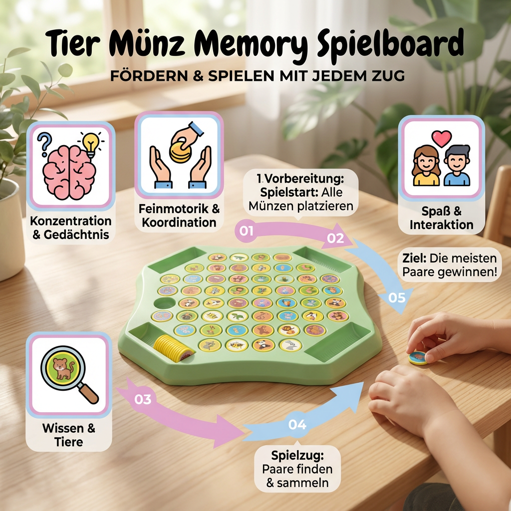 Lernspiel: Memory Brettspiel aus Holz mit Tiermotiven für Kinder. Trainiert Gedächtnis & kognitive Fähigkeiten.