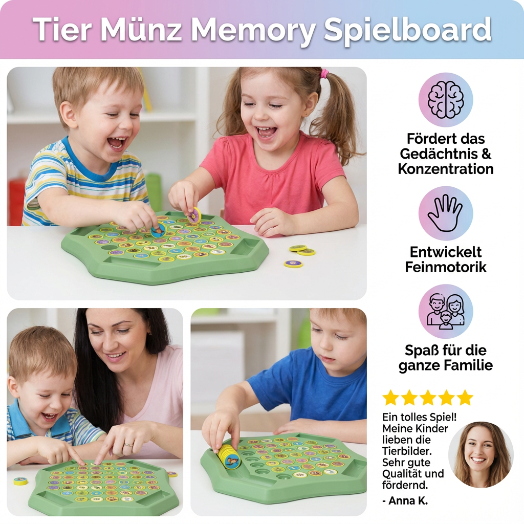 Hochwertiges Holzspielzeug: Memory Tiermünzen Spielbrett für Kinder & Familie. Robust und langlebig für Spielspaß.