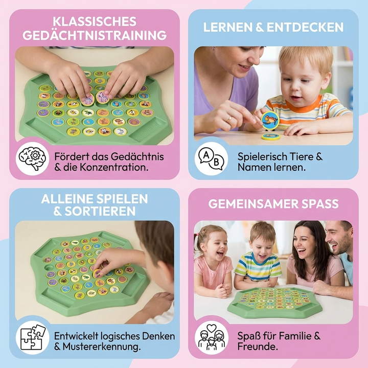 Familien-Brettspiel: Memory mit Tiermünzen aus Holz. Perfektes Lernspiel für Kinder, fördert Interaktion und Spaß.