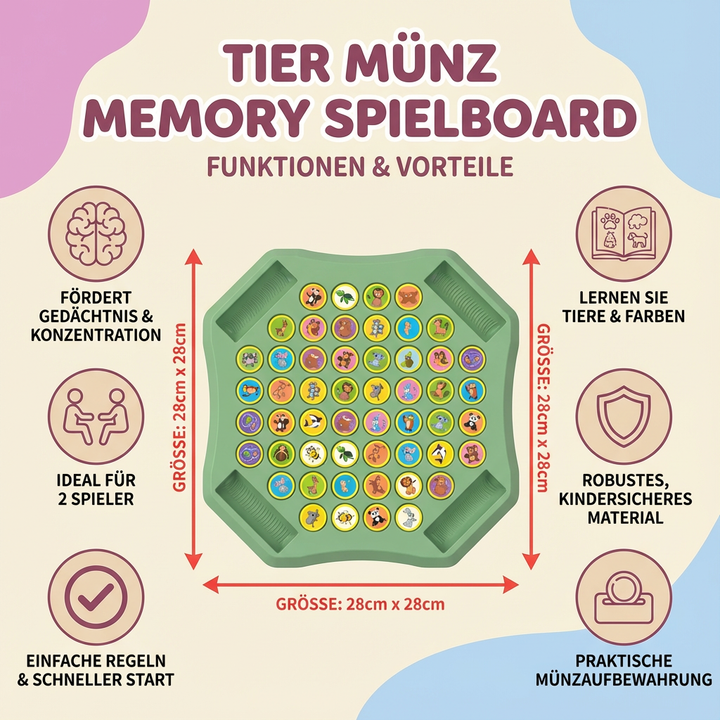 Detailansicht: Holz-Memory-Spiel mit Tiermünzen wie Löwe, Elefant & Hase. Puzzlespiel für Kinder und die ganze Familie.