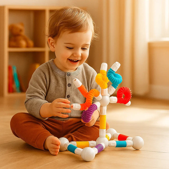 Farbenfrohe Magnetbausteine, ordentlich angeordnet. Bereit für kreatives Bauen & Lernen im Kinderzimmer.