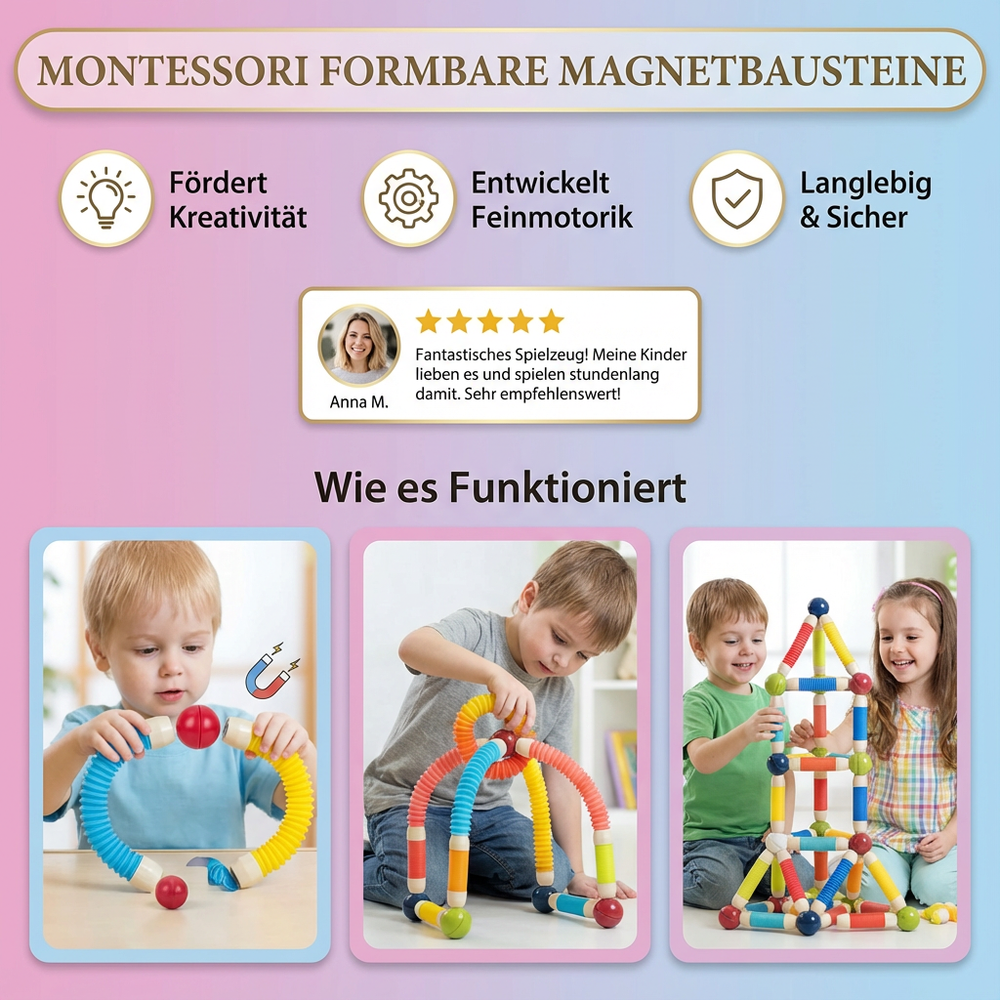Bunte Montessori Magnetbausteine, die spielerisch die kindliche Entwicklung fördern. Ideales Lernspielzeug.