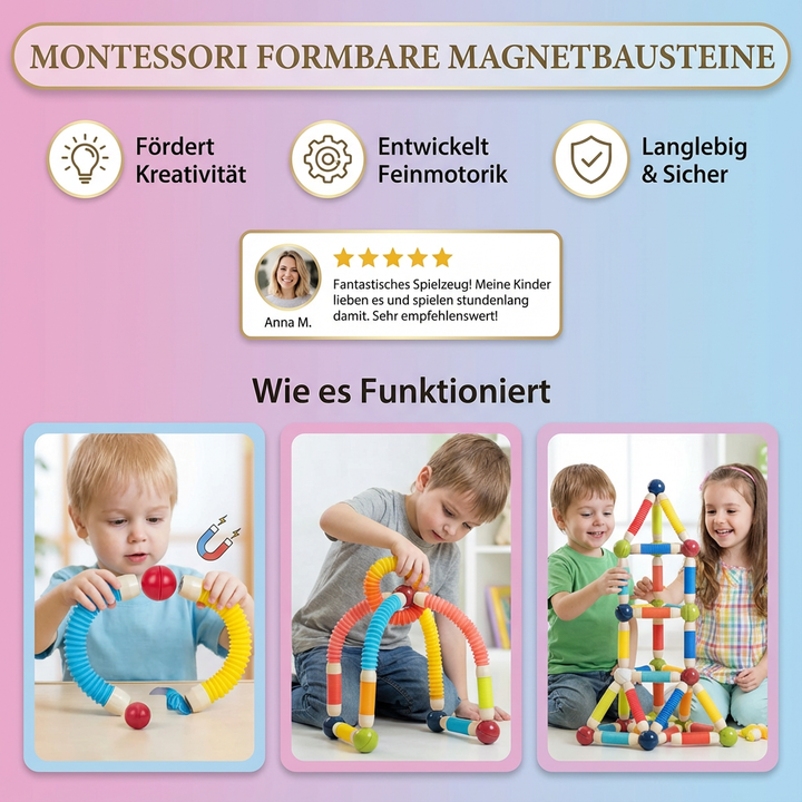 Bunte Montessori Magnetbausteine, die spielerisch die kindliche Entwicklung fördern. Ideales Lernspielzeug.