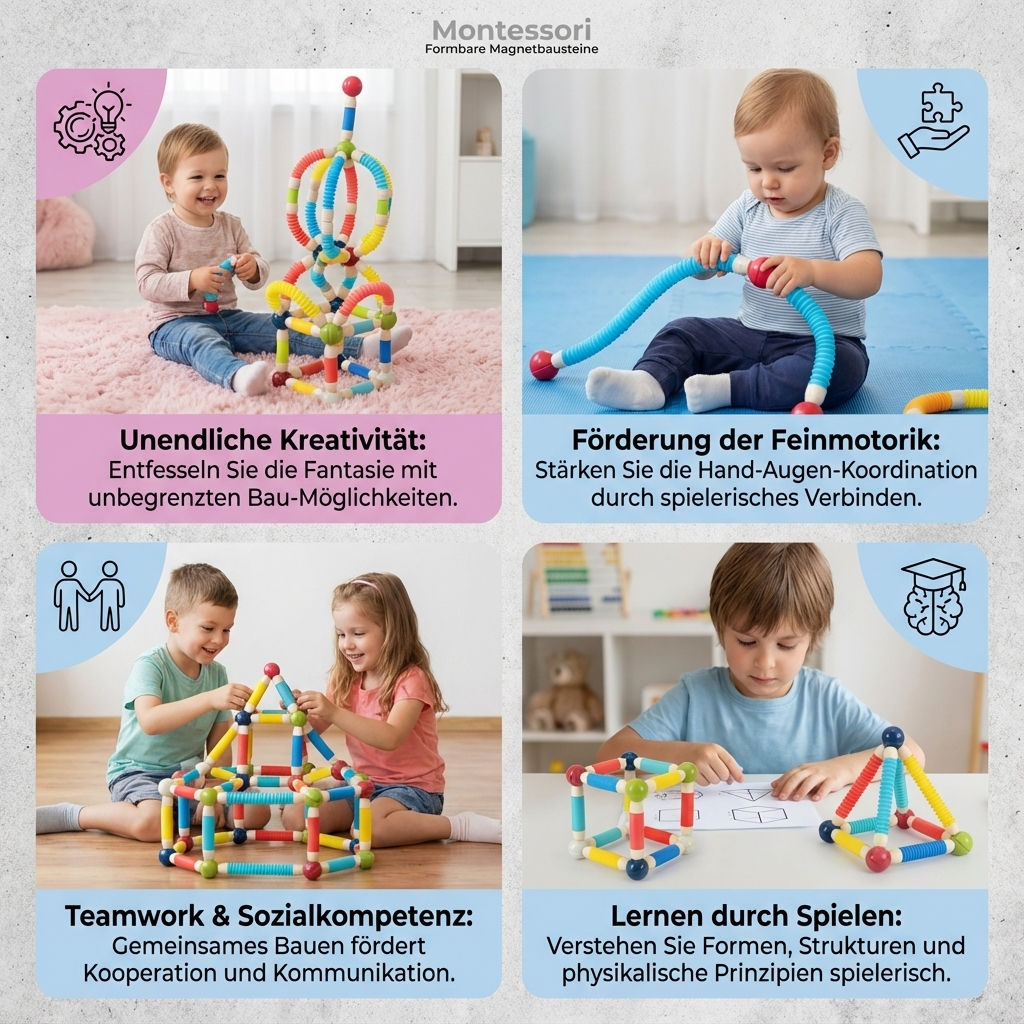 Formenreiche Magnetbausteine in leuchtenden Farben. Pädagogisches Kinderspielzeug für fantasievolles Bauen.