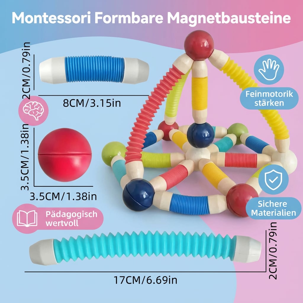 Fröhliche Kinder bauen mit farbenfrohen Montessori Magnetbausteinen. Lernspielzeug für spielerische Entwicklung.