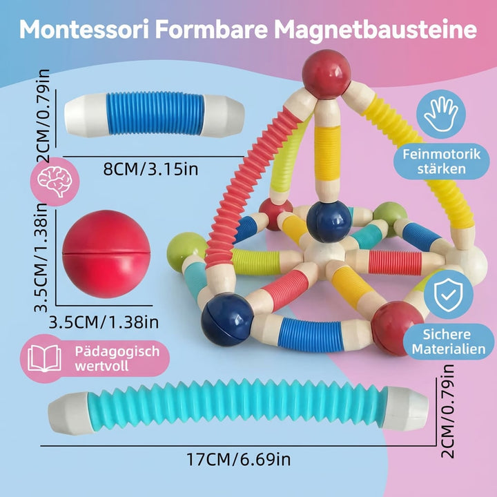 Fröhliche Kinder bauen mit farbenfrohen Montessori Magnetbausteinen. Lernspielzeug für spielerische Entwicklung.