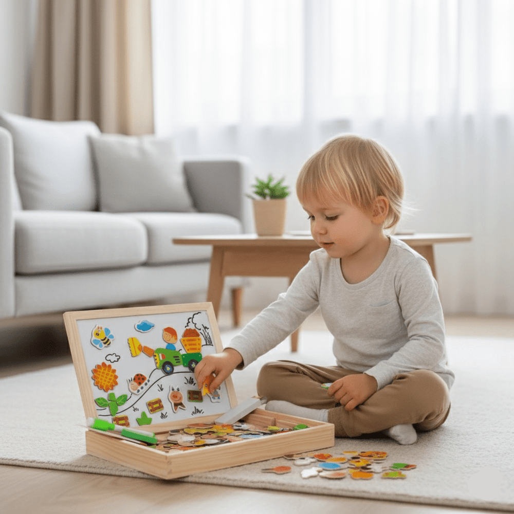 Hochwertige Holz Montessori Tafel für Kinder. Magnettafel & Kreidetafel als Lernspielzeug fördert Feinmotorik.