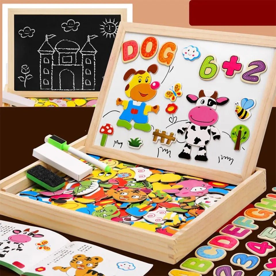 Umweltfreundliche Holz Zeichentafel für Kinder im Montessori-Stil. 2-in-1 Magnet- & Kreidetafel fördert Lernspaß.