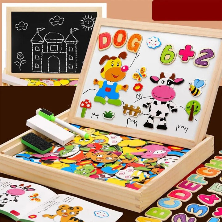Umweltfreundliche Holz Zeichentafel für Kinder im Montessori-Stil. 2-in-1 Magnet- & Kreidetafel fördert Lernspaß.