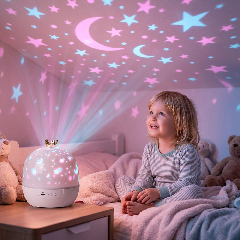Magisches Kinder Nachtlicht mit Sternenhimmel Projektor. Sanfte Lichtprojektion für süße Träume & Entspannung.