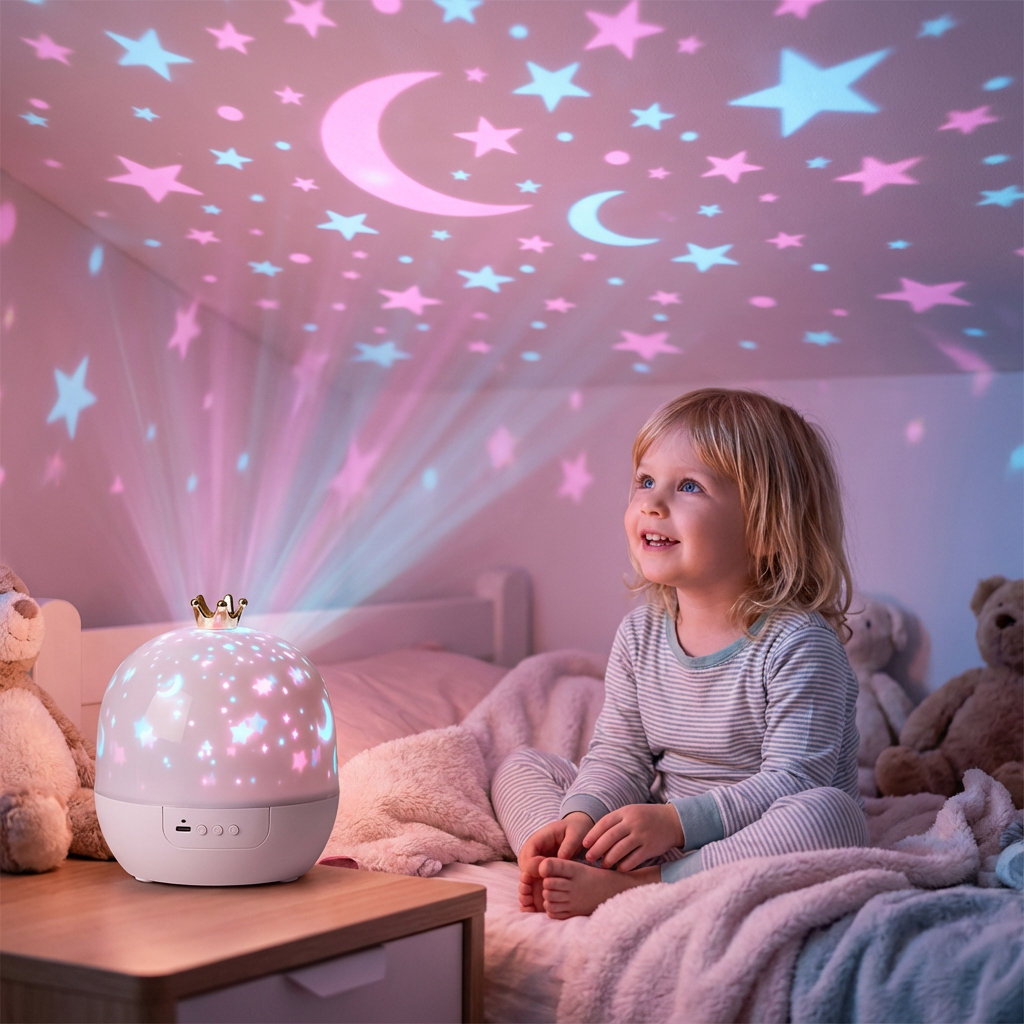 Magisches Kinder Nachtlicht mit Sternenhimmel Projektor. Sanfte Lichtprojektion für süße Träume & Entspannung.