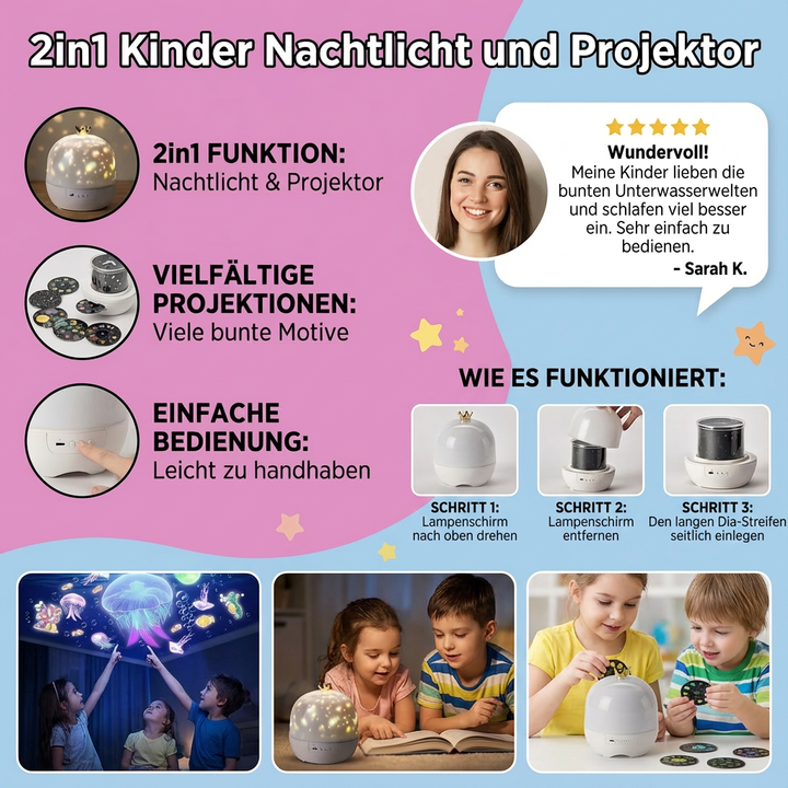 Beruhigendes Kinder Nachtlicht Projektor als Einschlafhilfe. Sanftes Licht und Projektion für einen ruhigen Schlaf.