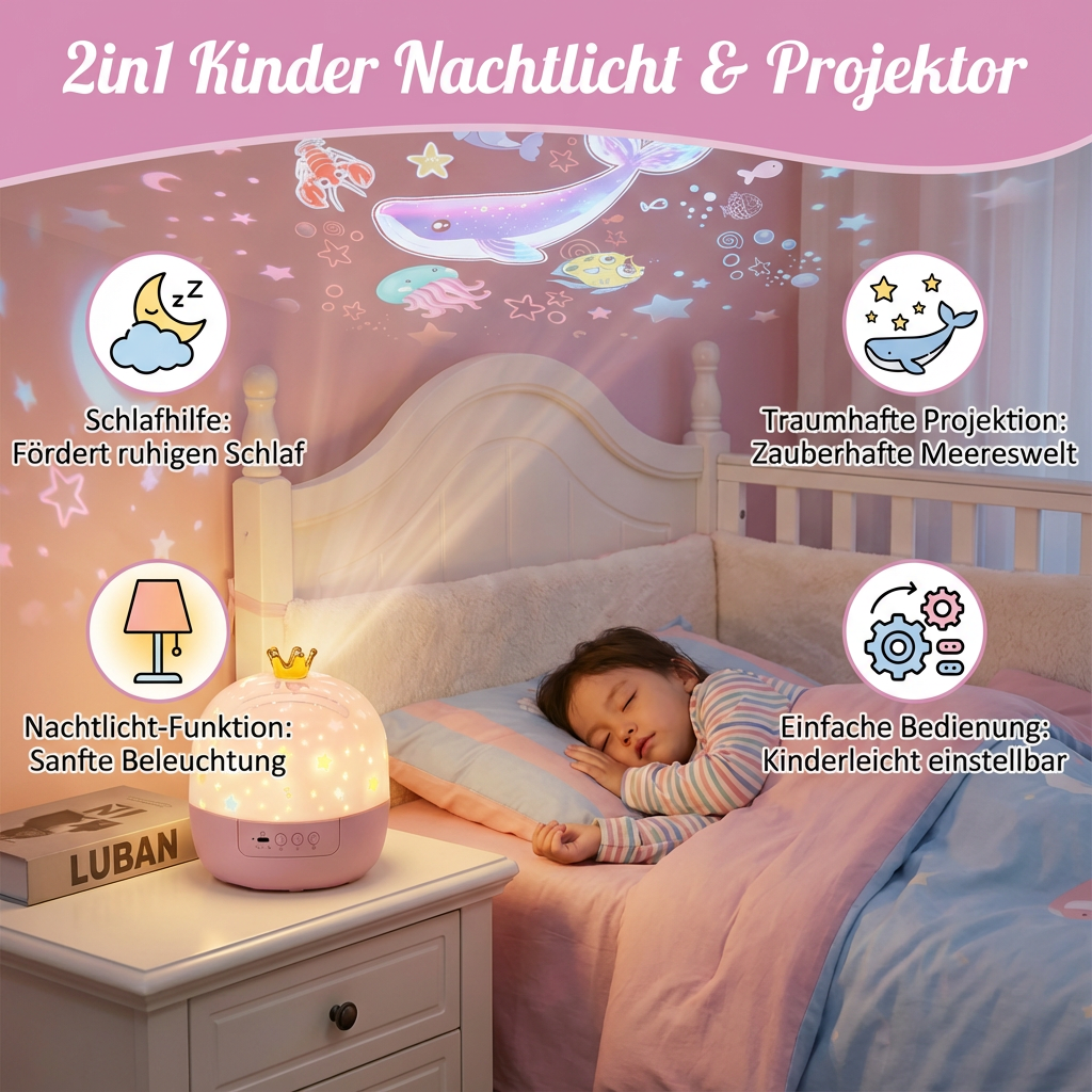 Dekoratives Kinder Nachtlicht & Projektor. Verschönert jedes Kinderzimmer mit Sternen- oder Unterwasserwelten-Projektion.