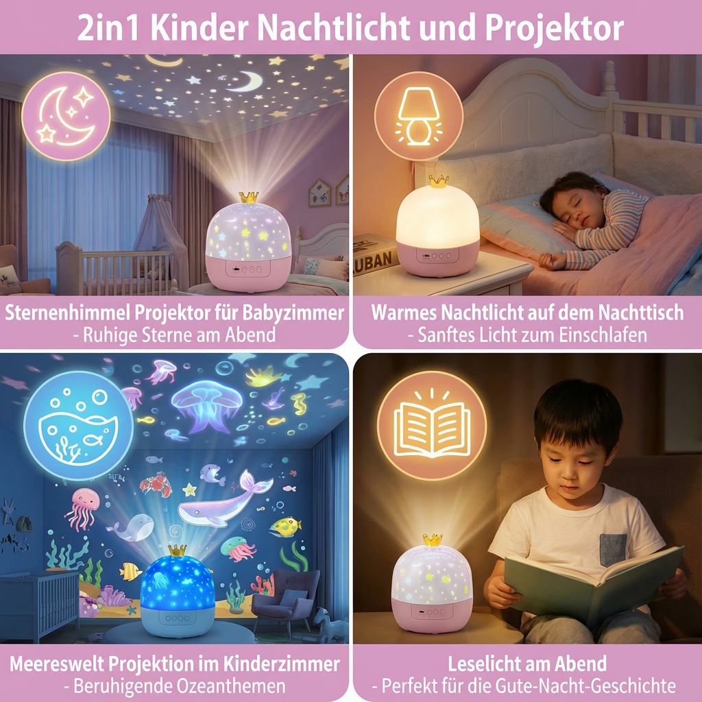 Ideales Geschenk: Kinder Nachtlicht Projektor 2-in-1. Sternenhimmel & Unterwasserwelt für süße Träume im Kinderzimmer.