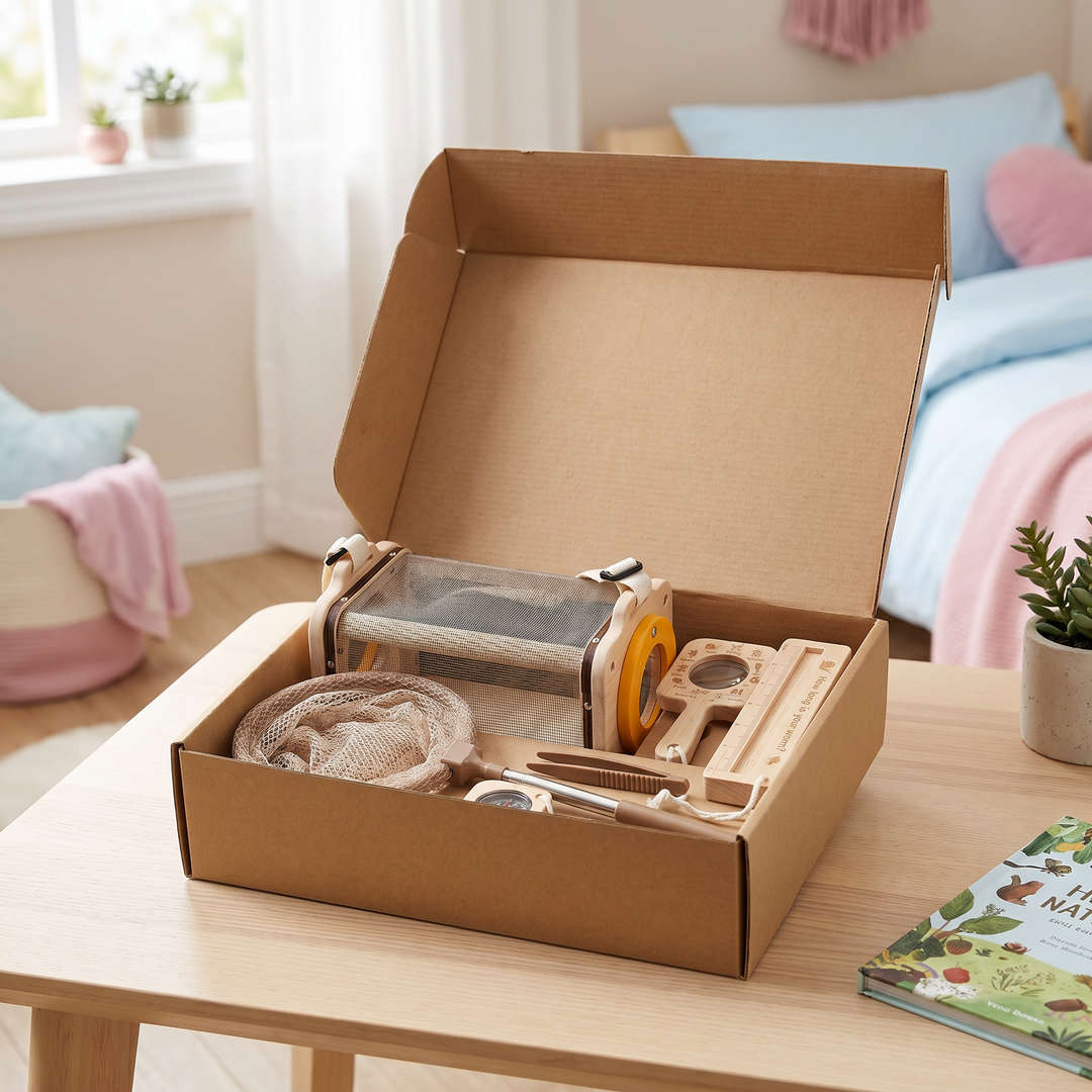 Abenteuer-Set für Kinder: Lupe, Kescher, Kompass aus Holz. Perfekt für Outdoor-Erkundungen.
